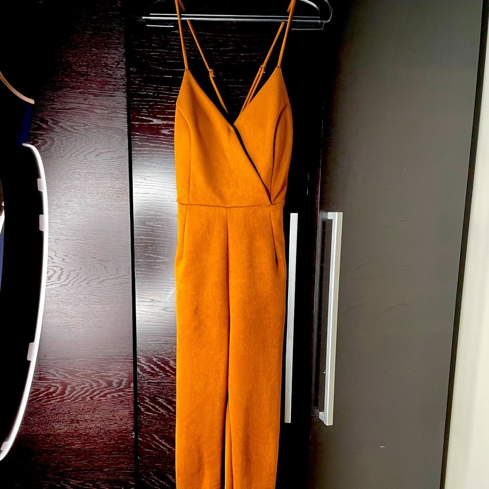 Camel colored romper jumpsuit suede